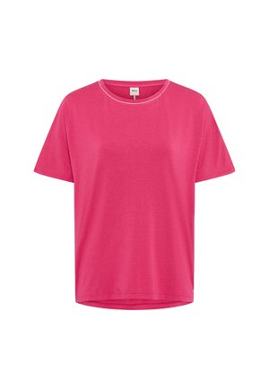 Leuchtend pinkes T-Shirt mit kurzen Ärmeln und Rundhalsausschnitt, leicht geschwungener Saum und sichtbarem kleinem Markenetikett innen am Halsausschnitt.