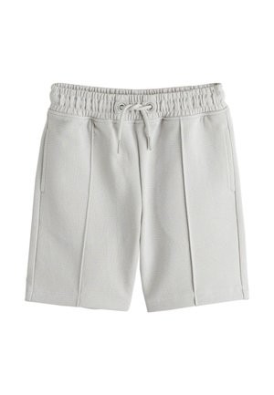 Light gray textured fabric shorts with elastic waistband, adjustable drawstring, side pockets, and seam detailing down the front of each leg.
