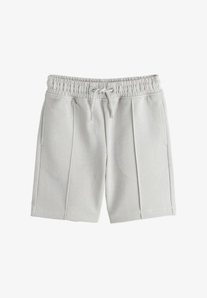 Pantaloncini in tessuto grigio chiaro con texture, vita elasticizzata, coulisse regolabile, tasche laterali e cuciture decorative lungo la parte anteriore di ogni gamba.