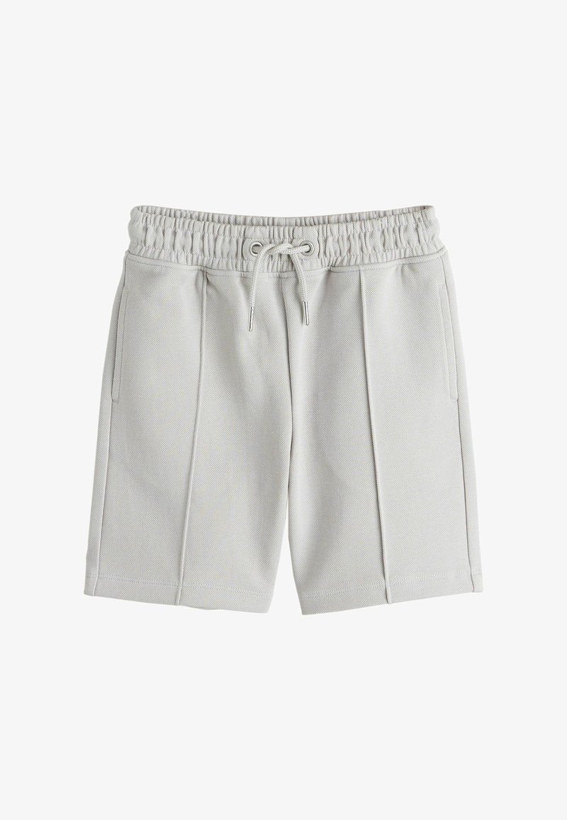 Pantaloncini in tessuto grigio chiaro con texture, vita elasticizzata, coulisse regolabile, tasche laterali e cuciture decorative lungo la parte anteriore di ogni gamba.