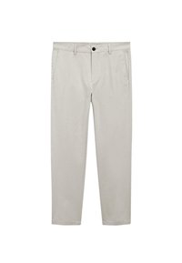 Beige cotton trousers with front pockets, a button closure, and a straight leg design. Smooth texture and clean finish, suitable for casual wear.
