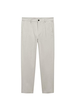 Pantaloni in cotone beige con tasche frontali, chiusura con bottone e design a gamba dritta. Tessuto morbido e finitura pulita, adatti per l'abbigliamento casual.