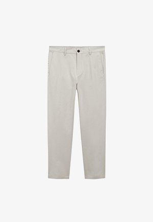 Pantaloni in cotone beige con tasche frontali, chiusura con bottone e design a gamba dritta. Tessuto morbido e finitura pulita, adatti per l'abbigliamento casual.