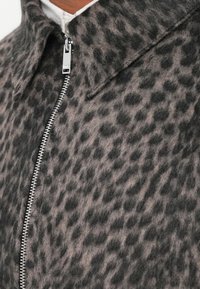 Pilkos spalvos dirbtinio kailio striukė su juodomis leopardų dėmėmis, su užtrauktuku priekyje ir smailiu apykakle, suteikianti tekstūrinį, raštuotą išvaizdą.