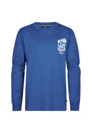 T-shirt à manches longues bleu en coton, avec un graphique blanc portant le texte "Miami Florida" sur la zone supérieure gauche de la poitrine et un col rond classique.