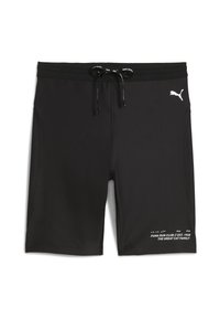Shorts de bain noirs avec taille à cordon de serrage, bords élastiques et logo Puma. Présente des détails en texte blanc sur le bas de l'avant. Matière lisse et extensible.