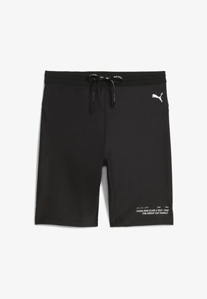 Bañadores negros con cinturilla ajustable, bordes elásticos y logo de Puma. Presenta detalles en texto blanco en la parte inferior frontal. Material suave y elástico.