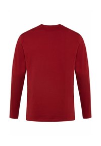 Maglietta a maniche lunghe in cotone di un rosso intenso. Collo rotondo semplice, taglio dritto, design minimalista senza motivi o decorazioni visibili.