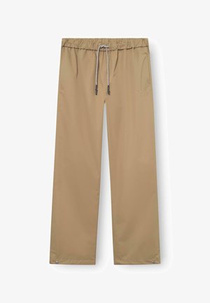 Beige ravne hlače s elastičnim pojasom i sivoj vrpci, bočnim džepovima i malim logotipom na desnoj bok.