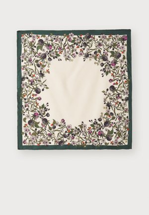 Seidenschal mit einer cremefarbenen Mitte, umrandet von komplexen floralen Mustern in Grün, Lila und Rot. Abgeschlossen mit einem dunkelgrünen Rand.