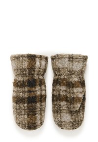 Brune og beige ternede vanter lavet af blød, tekstureret uld. Har afrundede spidser og manchetåbninger for ekstra varme.