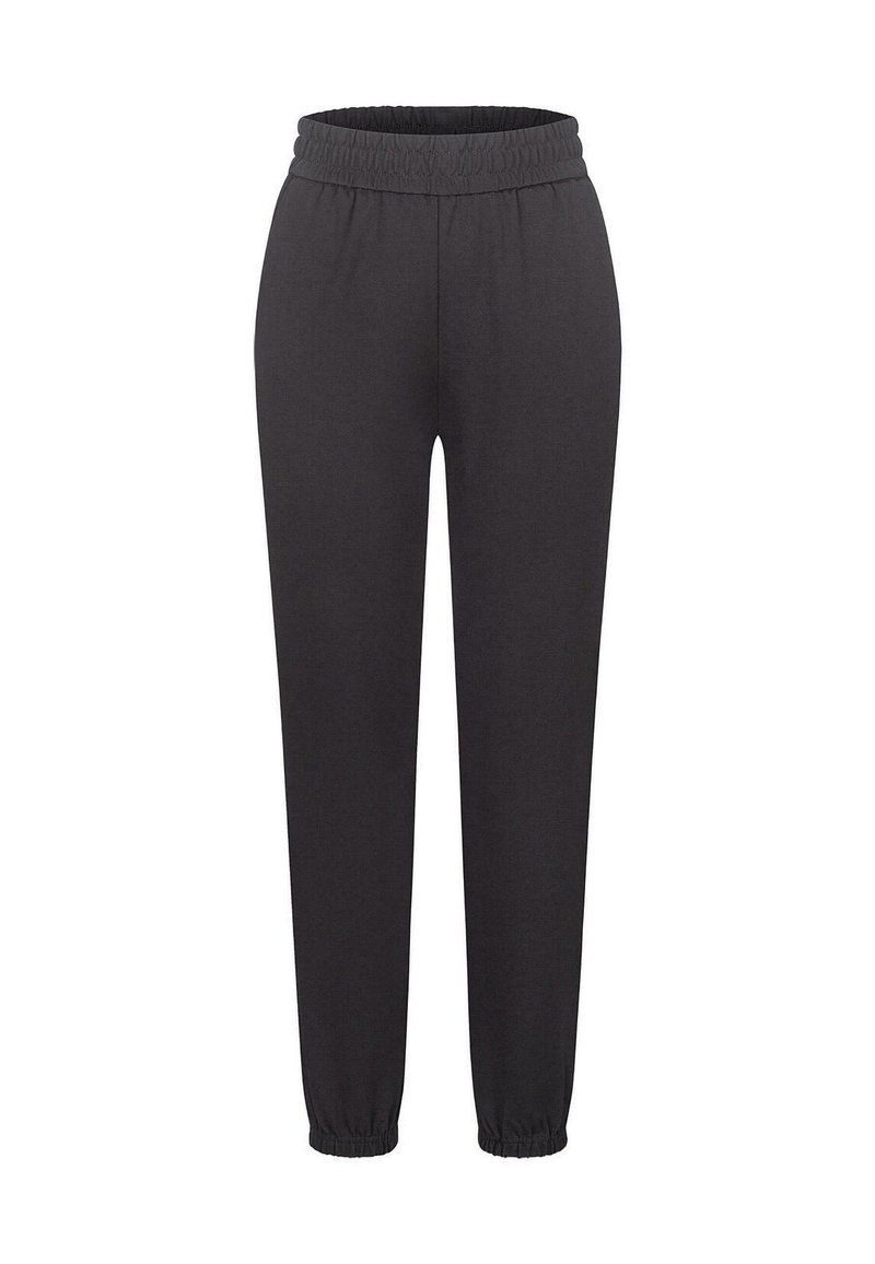 Pantaloni de trening negri dintr-un material moale, cu un elastic la talie, cu manșete îngustate și o textură netedă, fără modele vizibile.