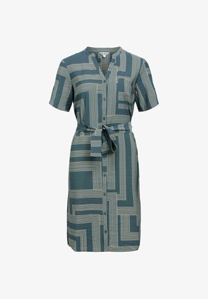 Blue shirt dress with white geometric lines, short sleeves, front buttons, chest pocket, and waist tie belt.