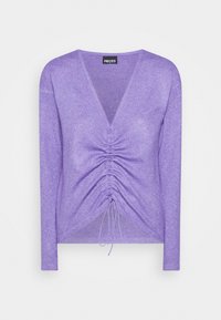 Fioletowa bluzka z długim rękawem, dekoltem w kształcie litery V i marszczeniem na środku. Wykonana z miękkiego, teksturowanego materiału z regulowanymi sznurkami.