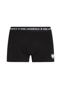 Fekete boxeralsó, pamutból készült, fehér elasztikus derékpánttal, amelyen a "KARL LAGERFELD" felirat és egy szívgrafika található a bal combon.