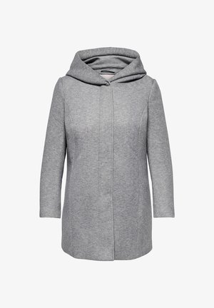 Gray knitted coat with a hood, featuring a clean front zipper, long sleeves, and a smooth texture. Simple design with no patterns or accents.
