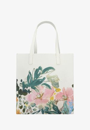 Bolsa tote blanca con un diseño floral con acentos en rosa, verde y azul. Textura suave con dos asas resistentes para el hombro.
