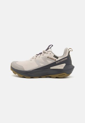 Beiger und dunkelgrauer Salomon Sportschuh mit dicker Sohle, GORE-TEX-Label und gebrandeten Details auf weißem Hintergrund.