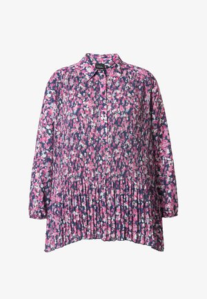 Kukallinen paita, jossa on napillinen kaulus, pitkät hihat, laskostettu muotoilu ja tummansininen tausta, jossa vaaleanpunaiset ja valkoiset kukkakuviot.