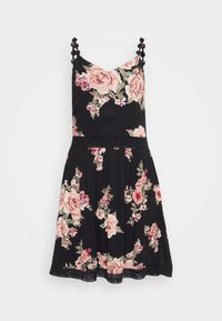 Μαύρο φλοράλ φόρεμα με ροζ τριαντάφυλλες, με σπαγγέτι τιράντες με λουλουδάτα αξεσουάρ και πλισέ φούστα. Ελαφρύ υλικό και δαντέλα στο τελείωμα.