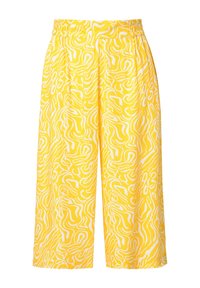 Gelbe Culotte-Hosen mit einem weißen wellenförmigen Muster, ausgestattet mit einem elastischen Bund und einer lockeren Passform. Der Stoff wirkt leicht und glatt.