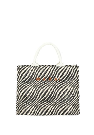 Borsa tote intrecciata bianco e nero con motivo simile a zebra, manici bianchi e scritta "Marni" marrone sul davanti.