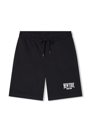 Czarne bawełniane szorty z elastycznym paskiem w talii i sznurkiem do regulacji. Na dolnym lewym boku znajduje się biała haftowana aplikacja z napisem "NEW YORK USA '96".