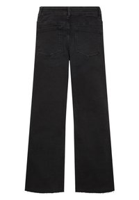 Korkeavyötäröiset mustat denim-farkut, joissa on leveä lahje, repaleinen helma, kaksi takataskua ja huomaamattomat ompeluyksityiskohdat.