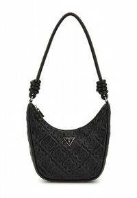 Melnā šūta soma ar izliektu formu, teksturētu virsmu un raksturīgu logotipa plāksnīti. Aprīkota ar elastīgu siksnu ar spirālveida akcentiem.