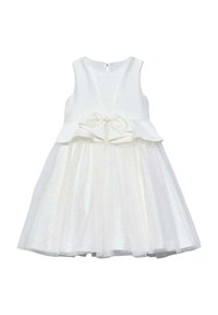 Abito bianco con corpino aderente e gonna in tulle svasata. Presenta un dettaglio a fiocco in vita e un colletto rotondo. Chiusura con zip sul retro.