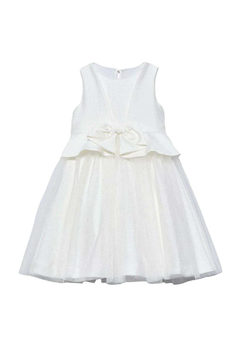 Abito bianco con corpino aderente e gonna in tulle svasata. Presenta un dettaglio a fiocco in vita e un colletto rotondo. Chiusura con zip sul retro.
