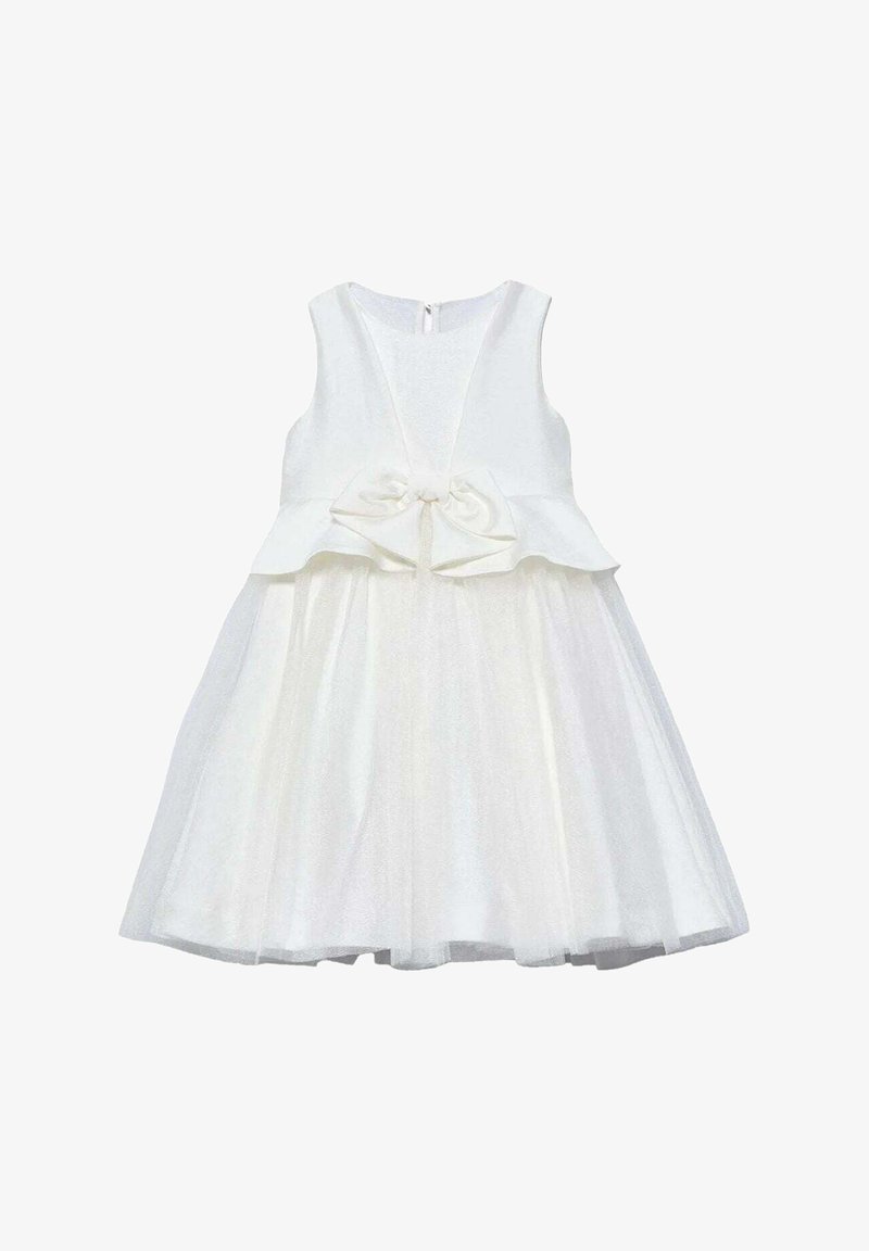 Abito bianco con corpino aderente e gonna in tulle svasata. Presenta un dettaglio a fiocco in vita e un colletto rotondo. Chiusura con zip sul retro.