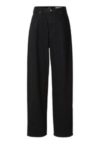 Vaqueros negros de pierna ancha hechos de denim resistente, con cierre de botón, trabillas para cinturón y bolsillos delanteros. Textura lisa sin patrones visibles.