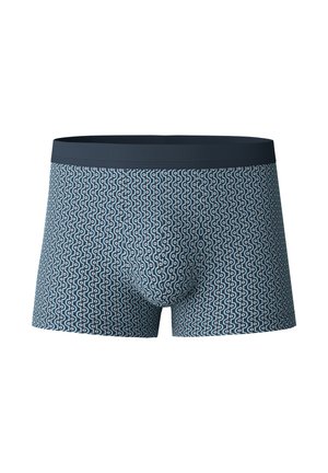 Shorts en boxer à motifs bleus présentant un design en vagues en blanc et bleu foncé. Tissu confortable avec une taille douce.