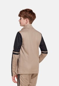Beige Sportjacke mit schwarzen Ärmeln, mit Reißverschluss versehenen Seitentaschen und gestreiften Akzenten. Glatte Textur, hoher Kragen und taillierte Passform.