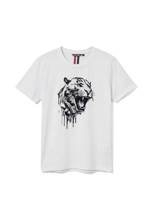 T-shirt bianca a maniche corte con una grafica nera e grigia di una testa di tigre ruggente che gocciola vernice al centro davanti.