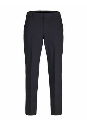 Tamno plave krojene hlače glatke teksture, uskog kroja, ravnog prednjeg dijela i s petljama za remen. Jednostavne, bez vidljivih uzoraka ili akcenta.