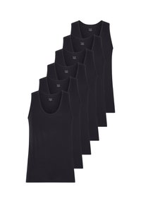 Sei canottiere nere con scollatura a girocollo, realizzate in morbido cotone, con un design semplice e senza cuciture, privo di motivi o decorazioni.