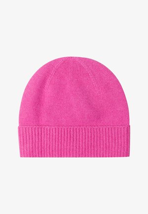 Rosa gestrickte Mütze mit runder Oberseite. Verfügt über einen gerippten Rand und eine glatte Textur. Geeignet für kaltes Wetter.