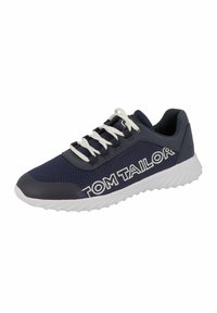 Marineblaue Sportschuhe mit Mesh-Obermaterial, weißen Schnürsenkeln und "TOM TAILOR"-Branding. Mit einer strukturierten Sohle für besseren Halt.