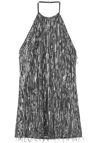 Robe noire à col licou avec des sequins argentés verticaux et un ourlet à franges, silhouette ample et fluide.