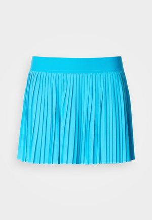 Falda plisada en azul brillante, con una cintura sólida y pliegues verticales que crean un aspecto texturizado. Hecha de un material ligero.