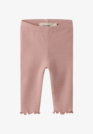 Różowe, dziergane legginsy dla niemowląt z delikatnym, teksturowanym wzorem diamentowym i marszczonymi wykończeniami, rozmiar 1-2 lata, marka Lil' Atelier.