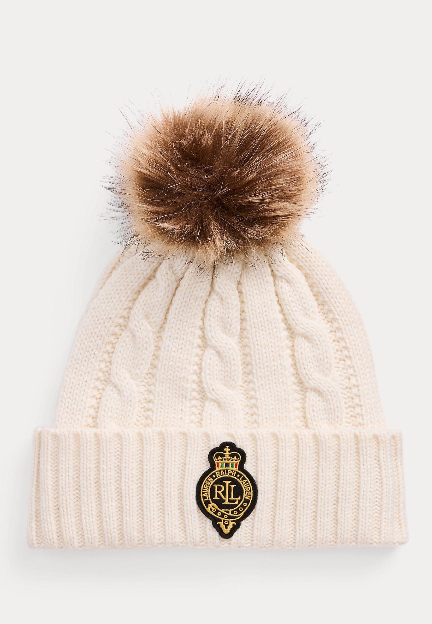 Lauren Ralph Lauren CREST-PATCH POM-POM CABLE-KNIT BEANIE Bonnet
