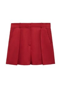 Red tailored shorts made of lightweight fabric, featuring a flat front, two side pockets, and a crisp finish with pleats.