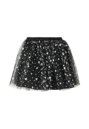 Jupe en tulle noire avec une taille élastique, ornée de motifs d'étoiles argentées. Le design superposé ajoute du volume et de la texture.