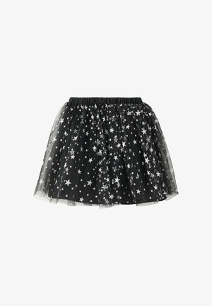Jupe en tulle noire avec une taille élastique, ornée de motifs d'étoiles argentées. Le design superposé ajoute du volume et de la texture.