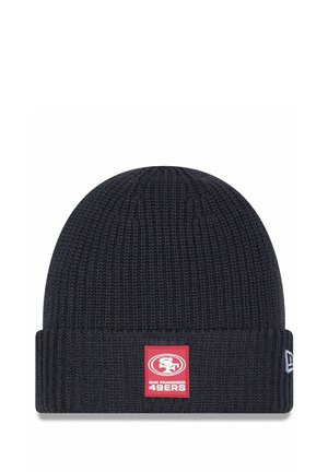 Marineblauer Strickmütze mit umgeschlagenem Bündchen, das ein rotes Quadrat-Logo mit der Aufschrift "SF" und "San Francisco 49ers" in weißer Schrift zeigt.