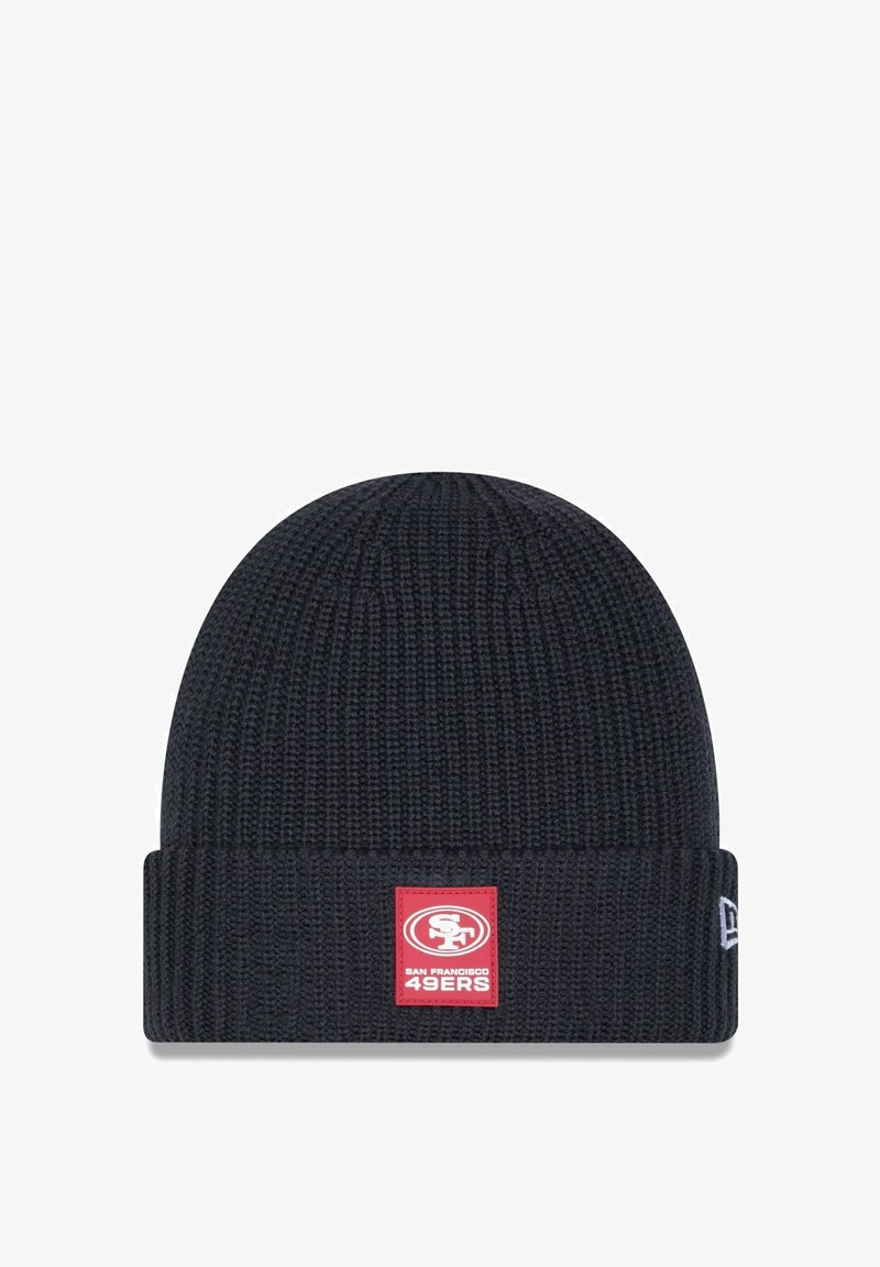 Navy knit beanie with a folded cuff featuring a red square patch displaying "SF" and "San Francisco 49ers" in white lettering.