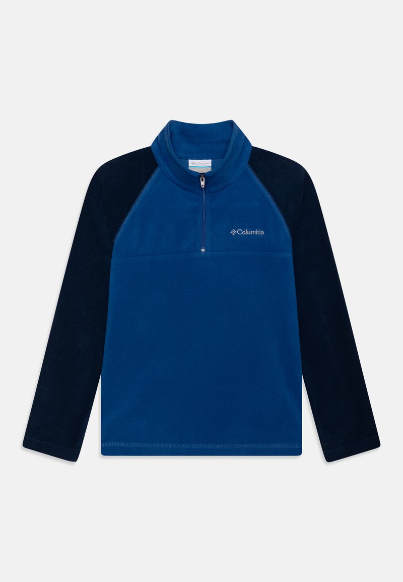 Kék bolyhos pulóver negyedzipzárral ellátott gallérral, sötétkék raglán ujjakkal és egy kis Columbia logóval a mellkason. Puha tapintás.